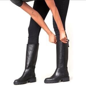 Paige Bella Black Tall/Knee High Boots Sz 9.5 Croc Embossed Leather Lug Sole New